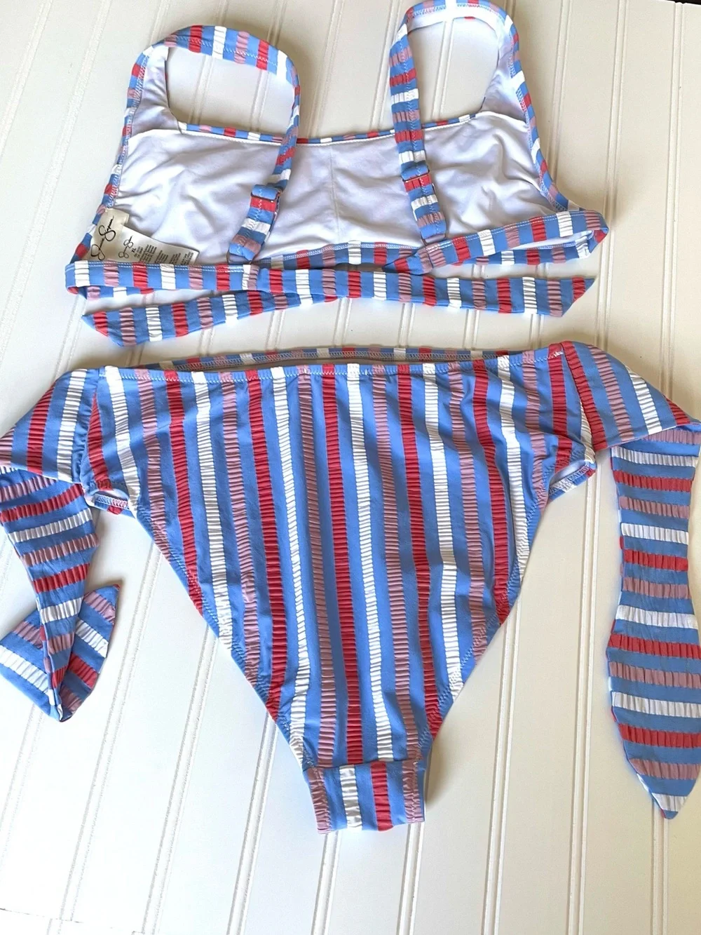 Jessica Bikini Retro Scoop Top HR Tie Waist Bottom Crinkle Sunset Stripe Large